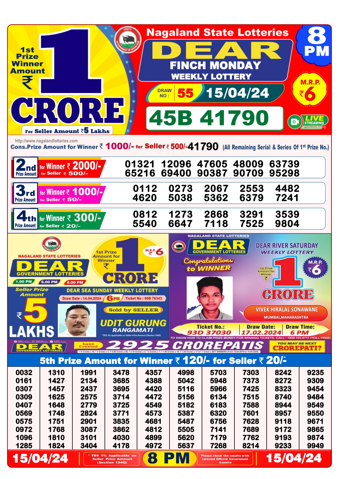 Dear Daily Lottery 8PM Result 15Apr 24