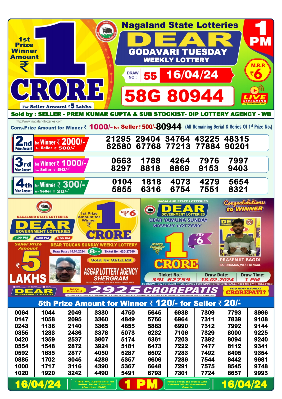 Dear Daily Lottery 1PM Result 16Apr 24