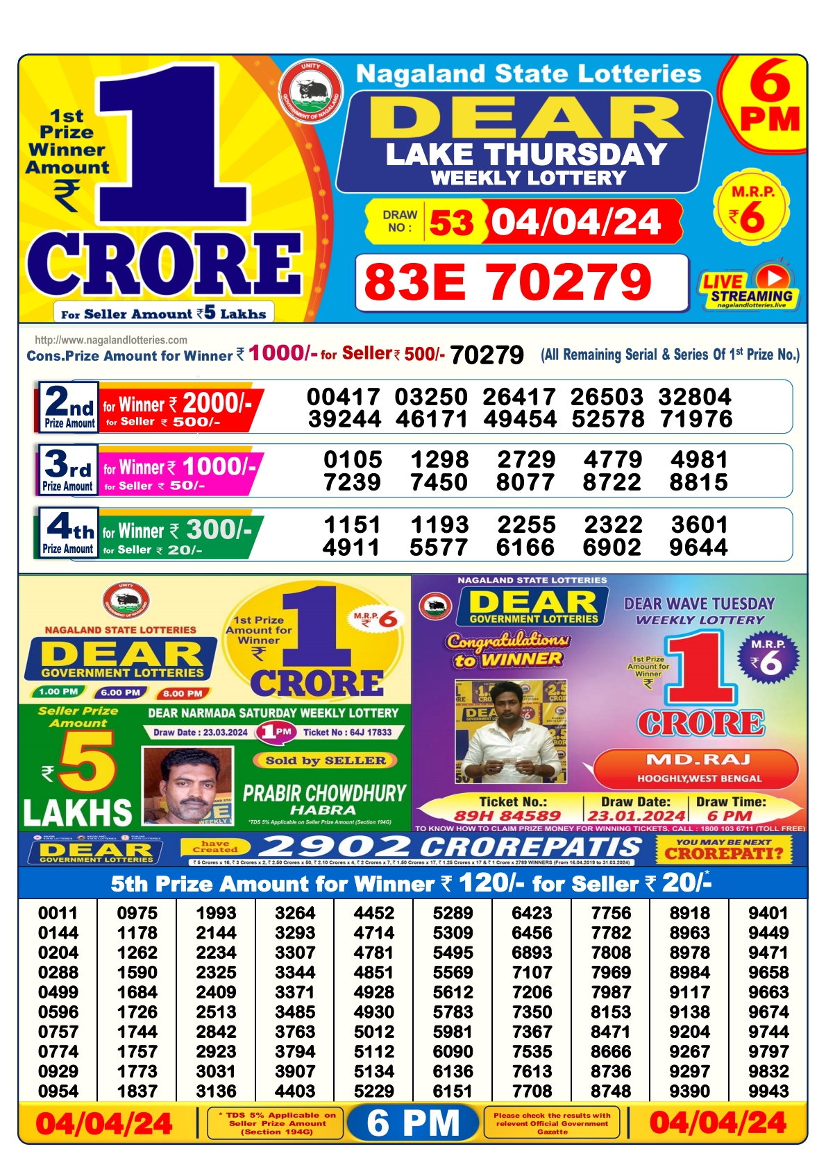 Dear Daily Lottery 6PM Result 4Apr 24