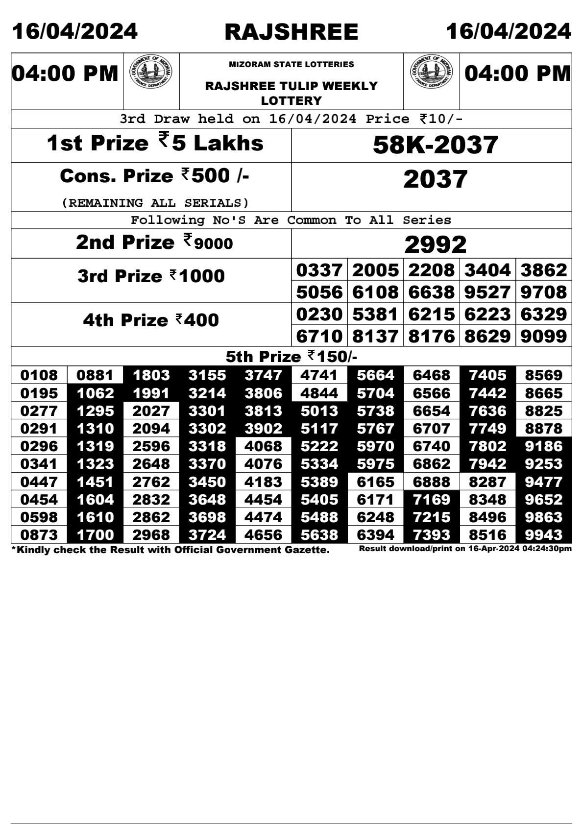 Rajshree Daily Lottery 4PM Result 16Apr 24