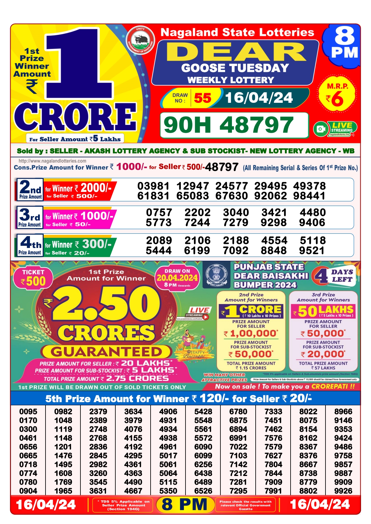 Dear Daily Lottery 8PM Result 16Apr 24