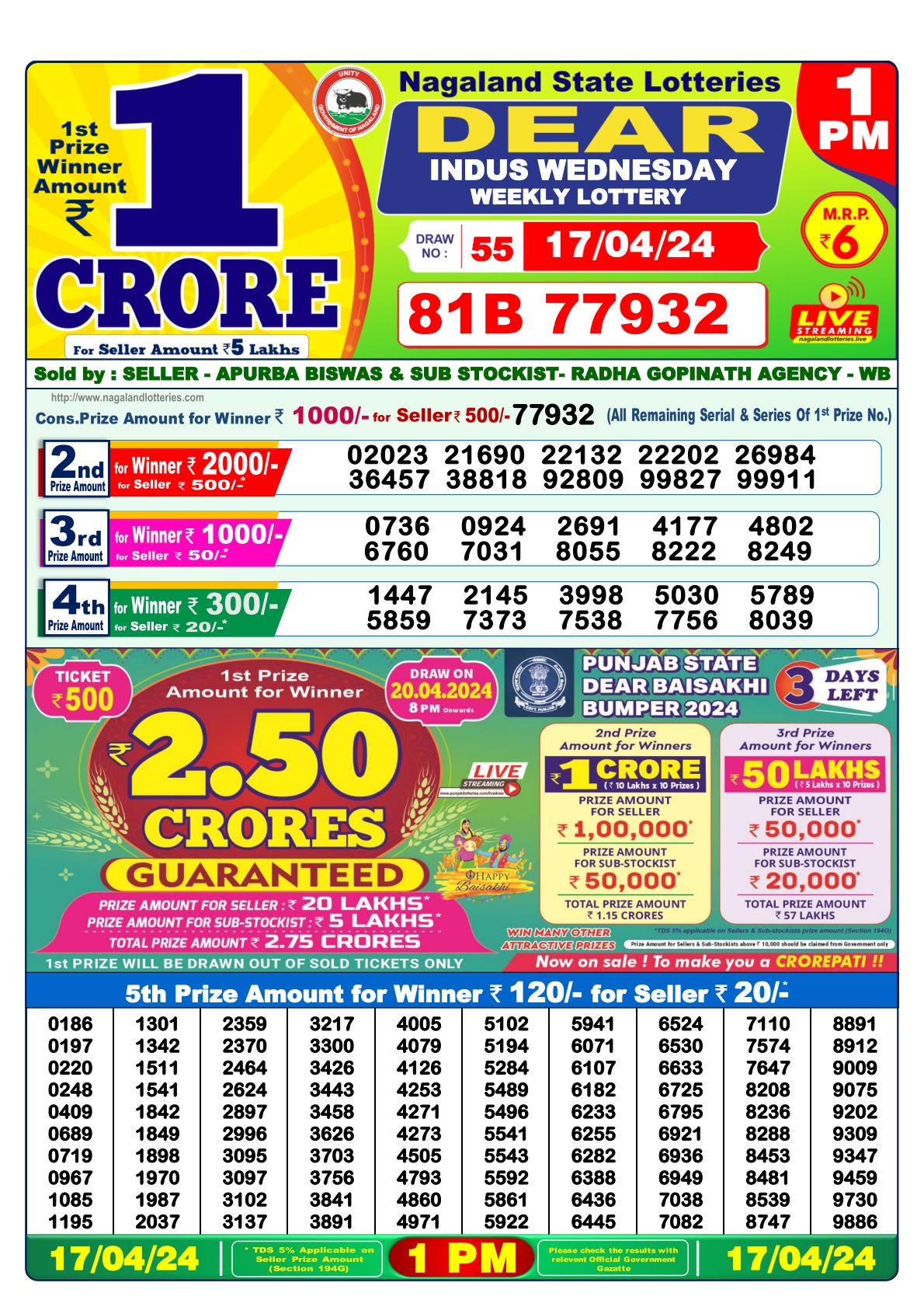 Dear Daily Lottery 1PM Result 17Apr 24