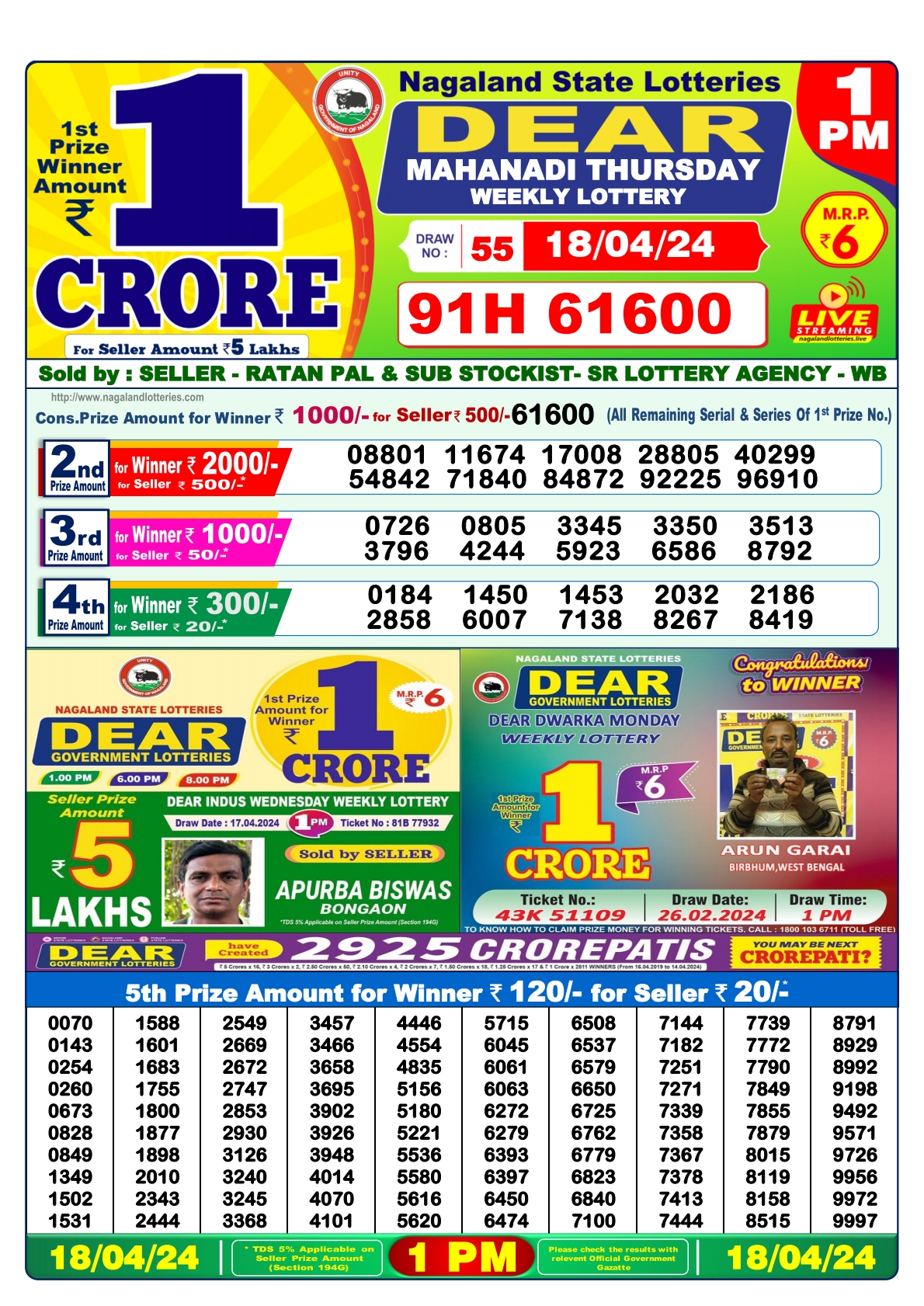 Dear Daily Lottery 1PM Result 18Apr 24