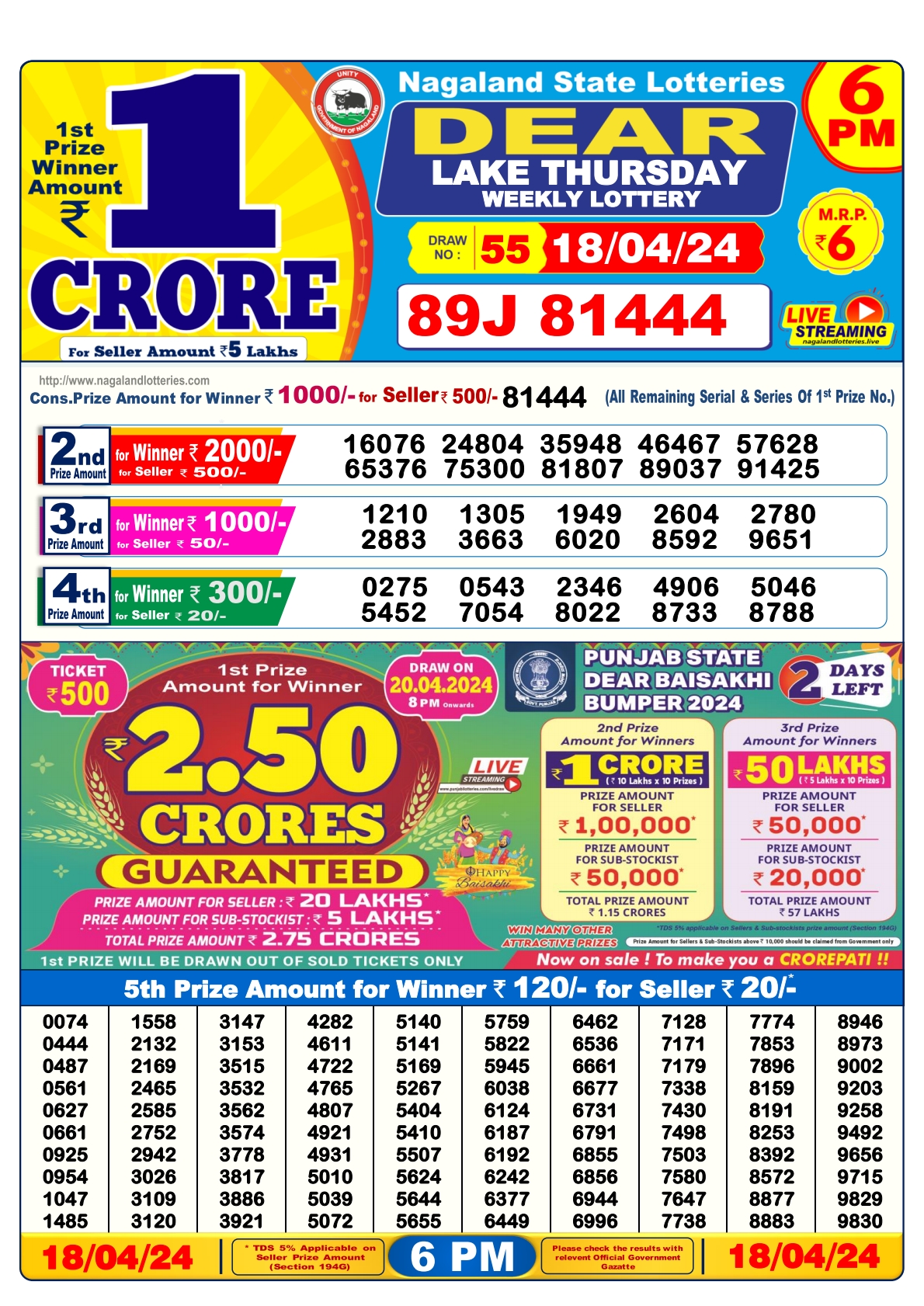 Dear Daily Lottery 6PM Result 18Apr 24