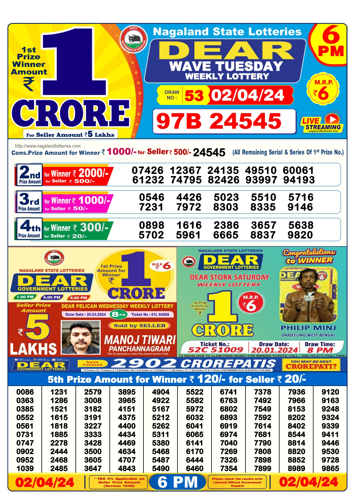 Dear Daily Lottery 6PM Result 2 Apr 24