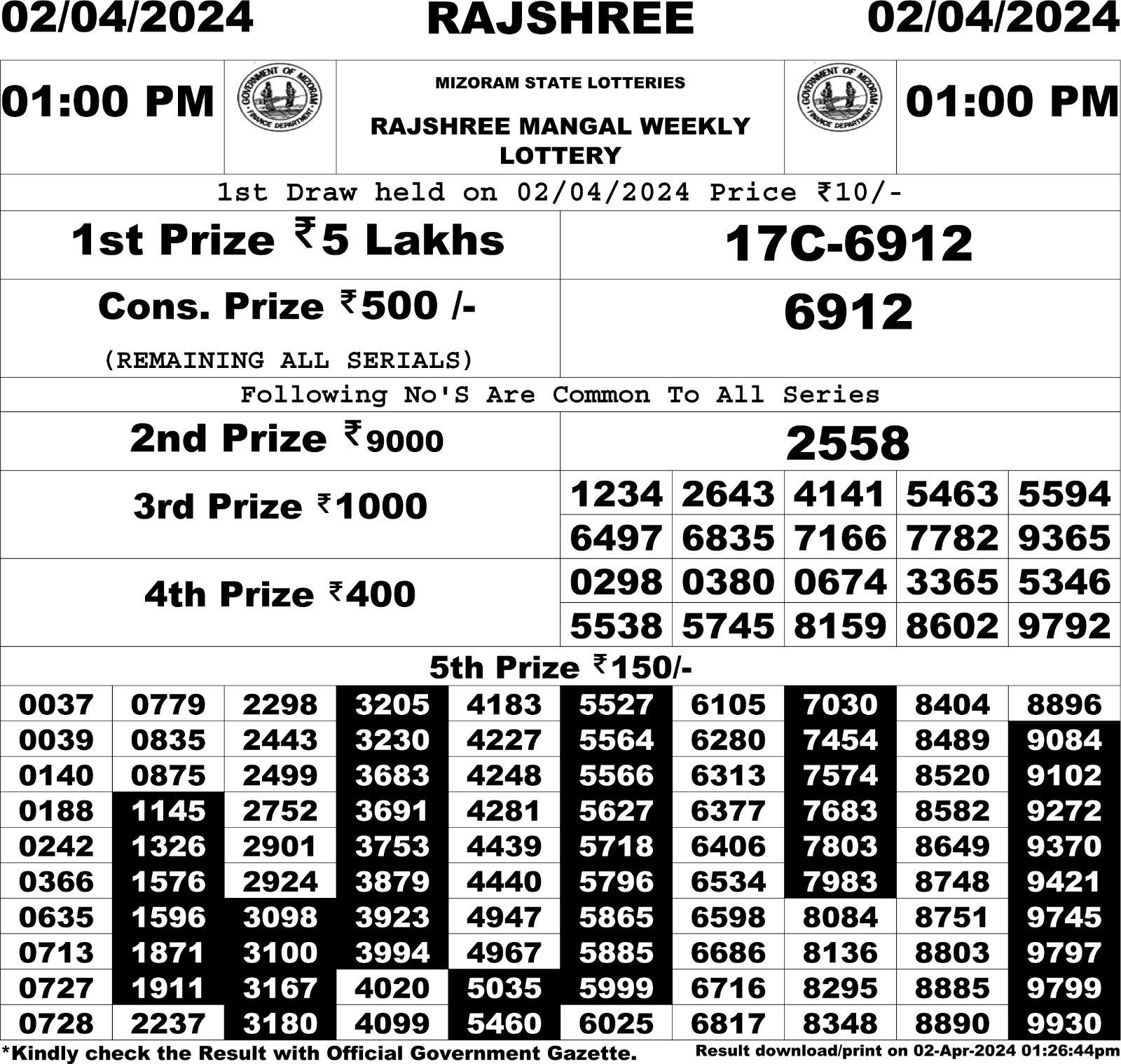 Rajshree Daily Lottery 1PM Result 2 Apr 24