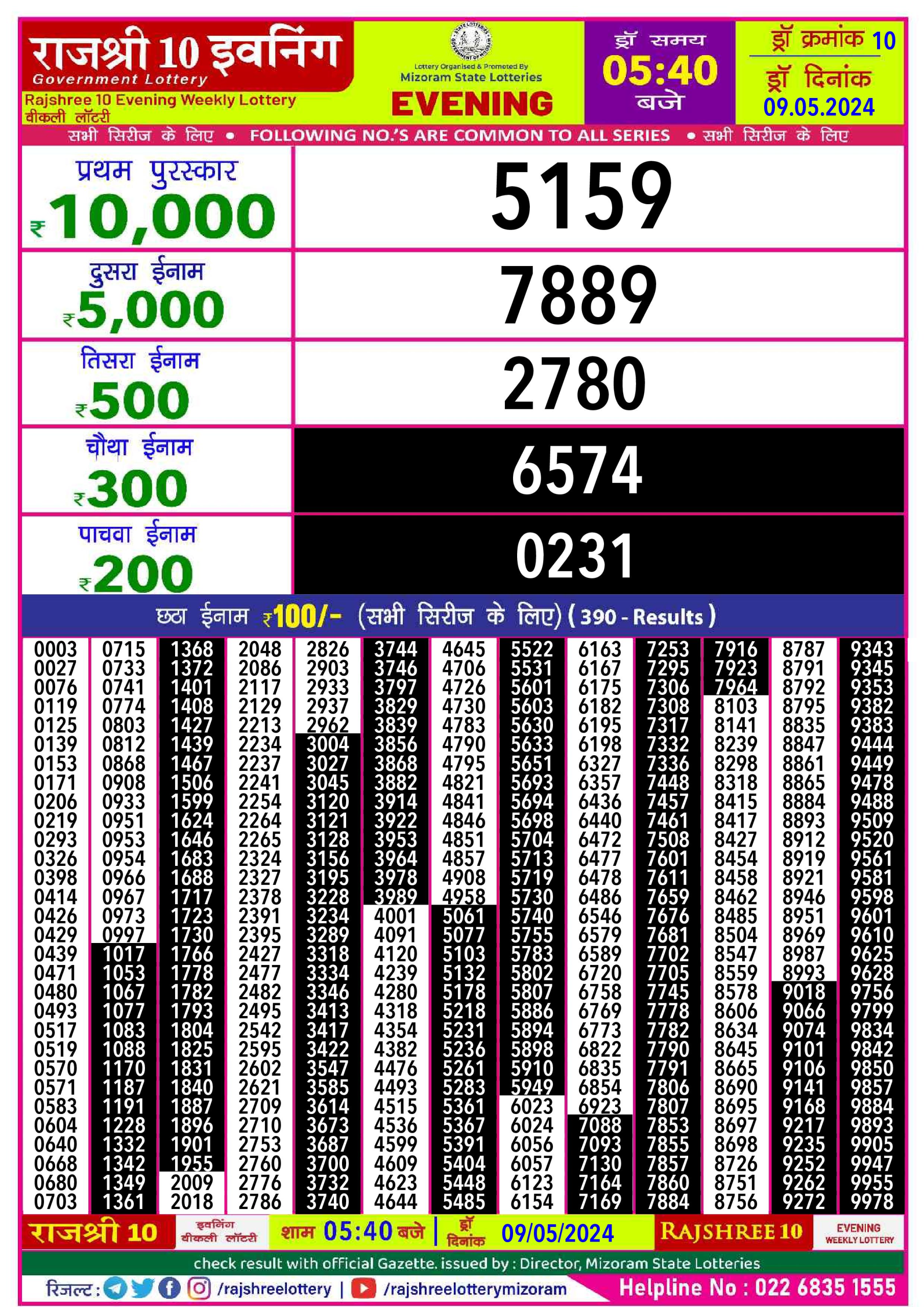 Rajshree10 Daily Lottery 5:40PM Result 9May24