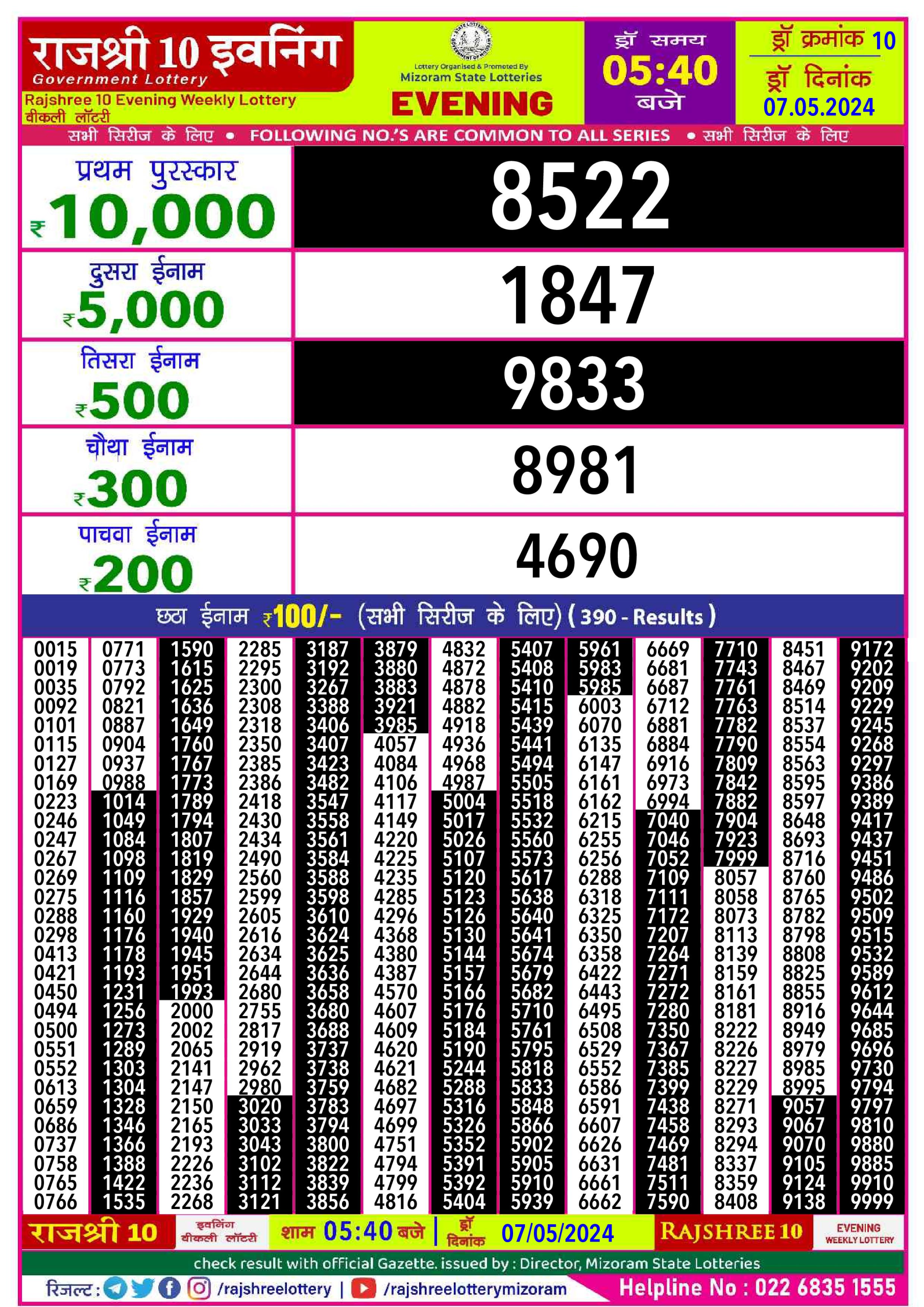 Rajshree10 Daily Lottery 5:40PM Result 7May24