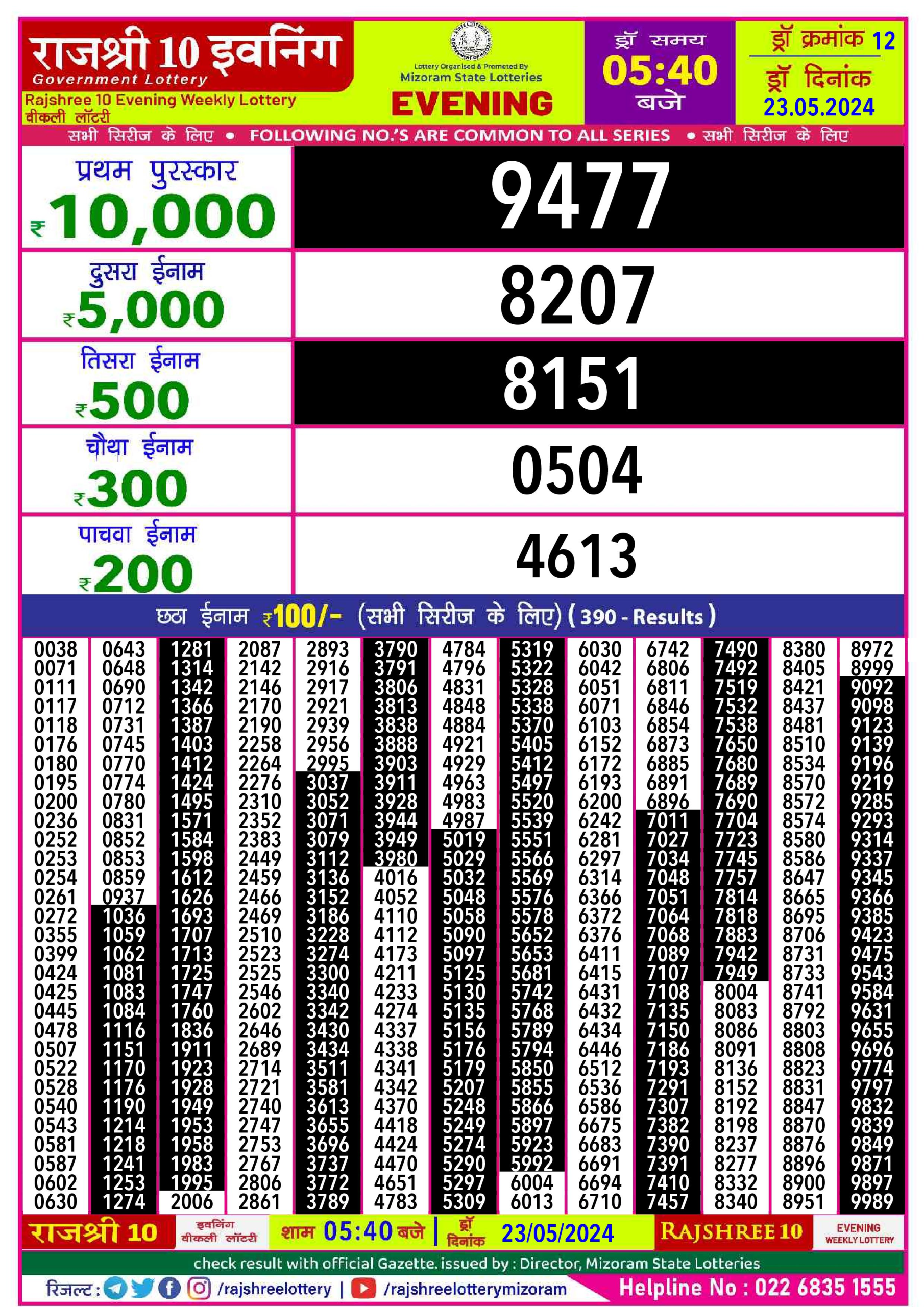 Rajshree10 Daily Lottery 5:40PM Result 23 May24