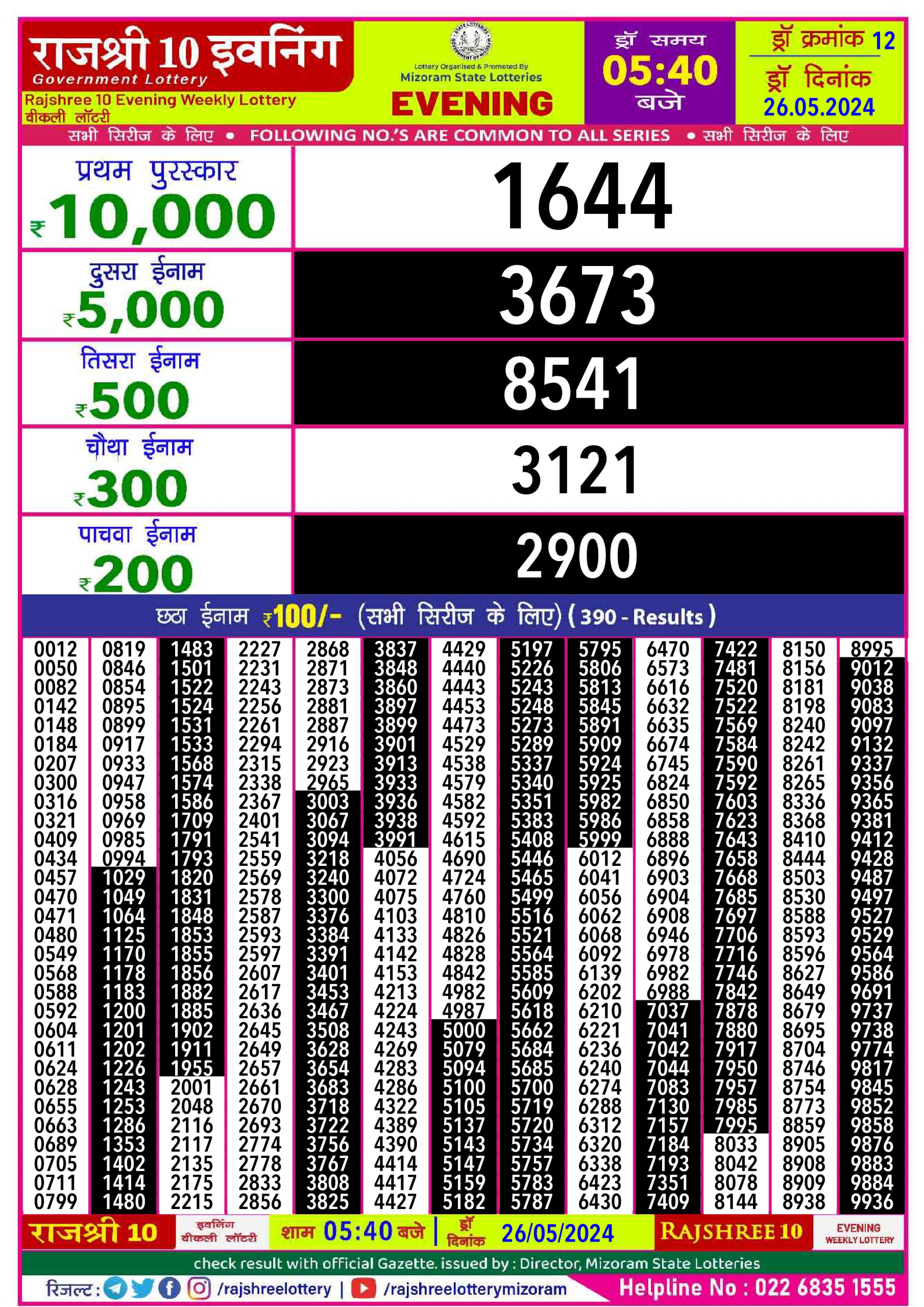 Rajshree10 Daily Lottery 5:40PM Result 26May24