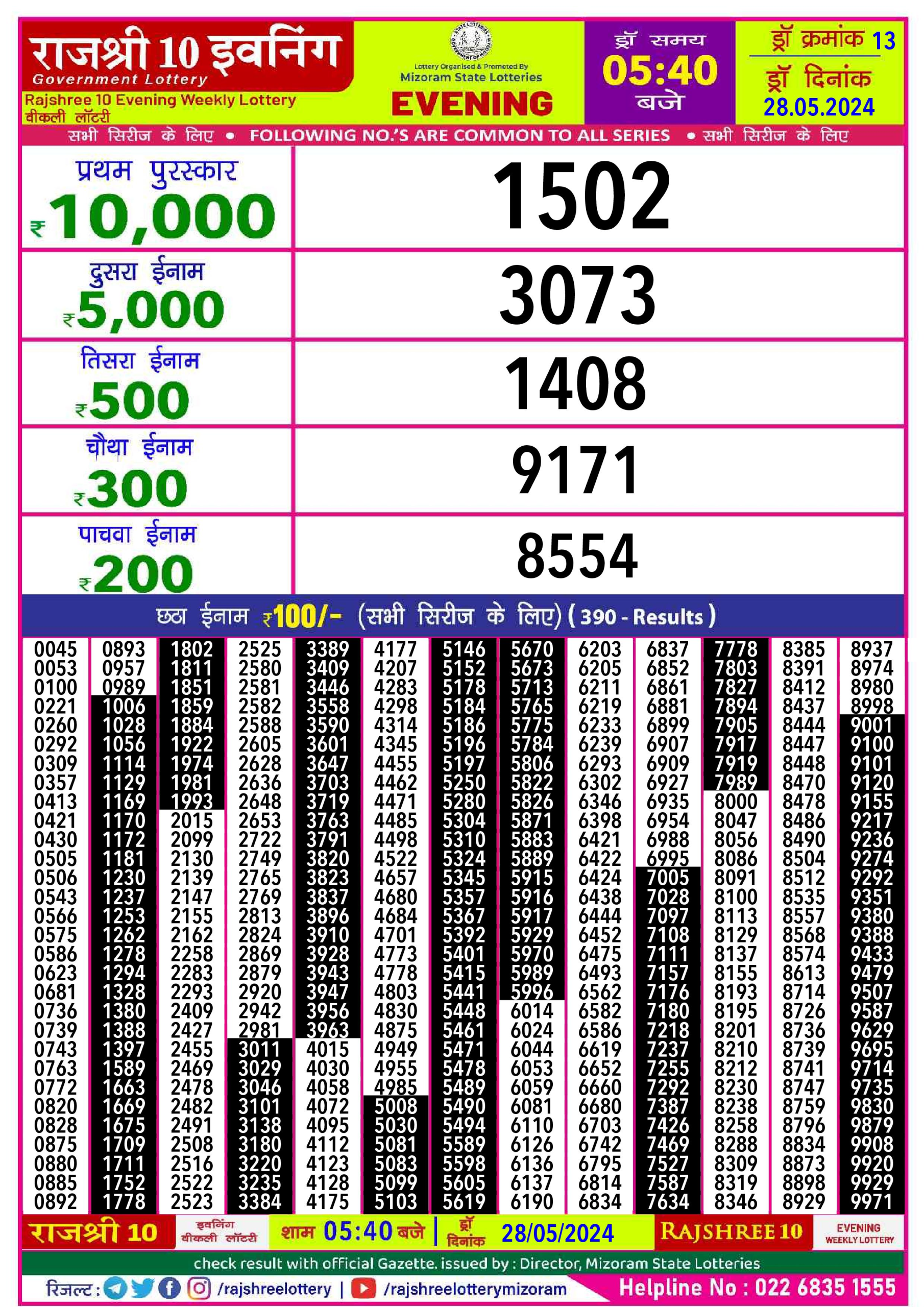 Rajshree10 Daily Lottery 5:40PM Result 28May24