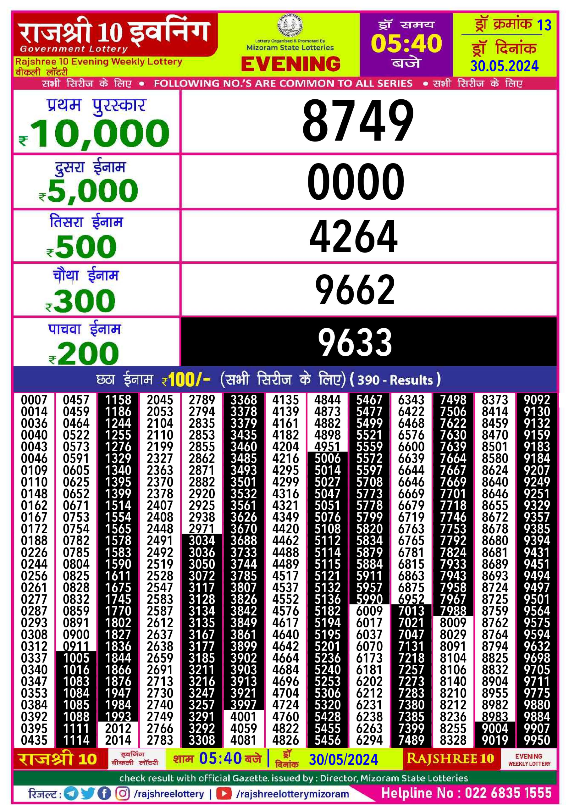 Rajshree10 Daily Lottery 5:40PM Result 30May24