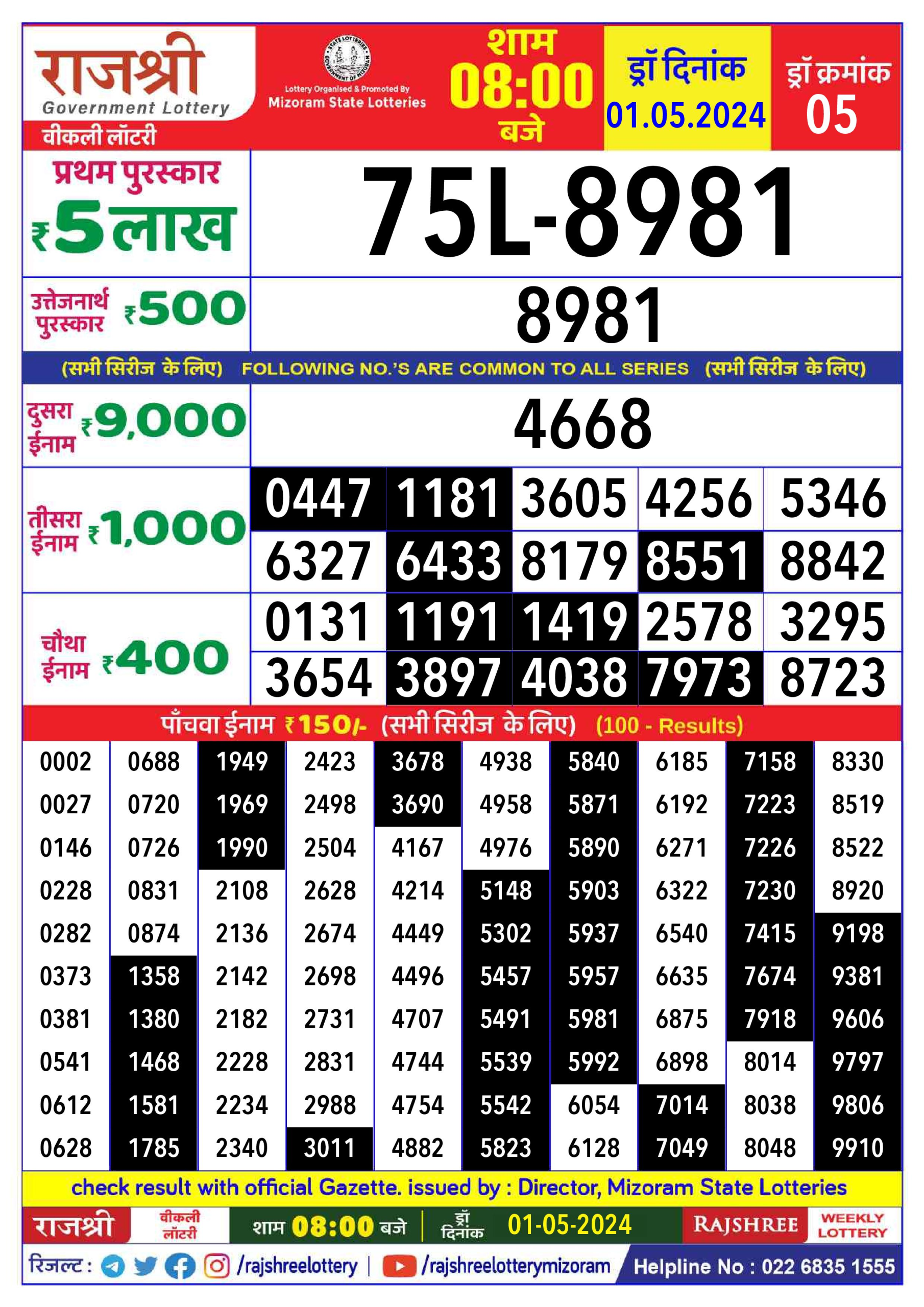 Rajshree Daily Lottery 8PM Result 1 May 24