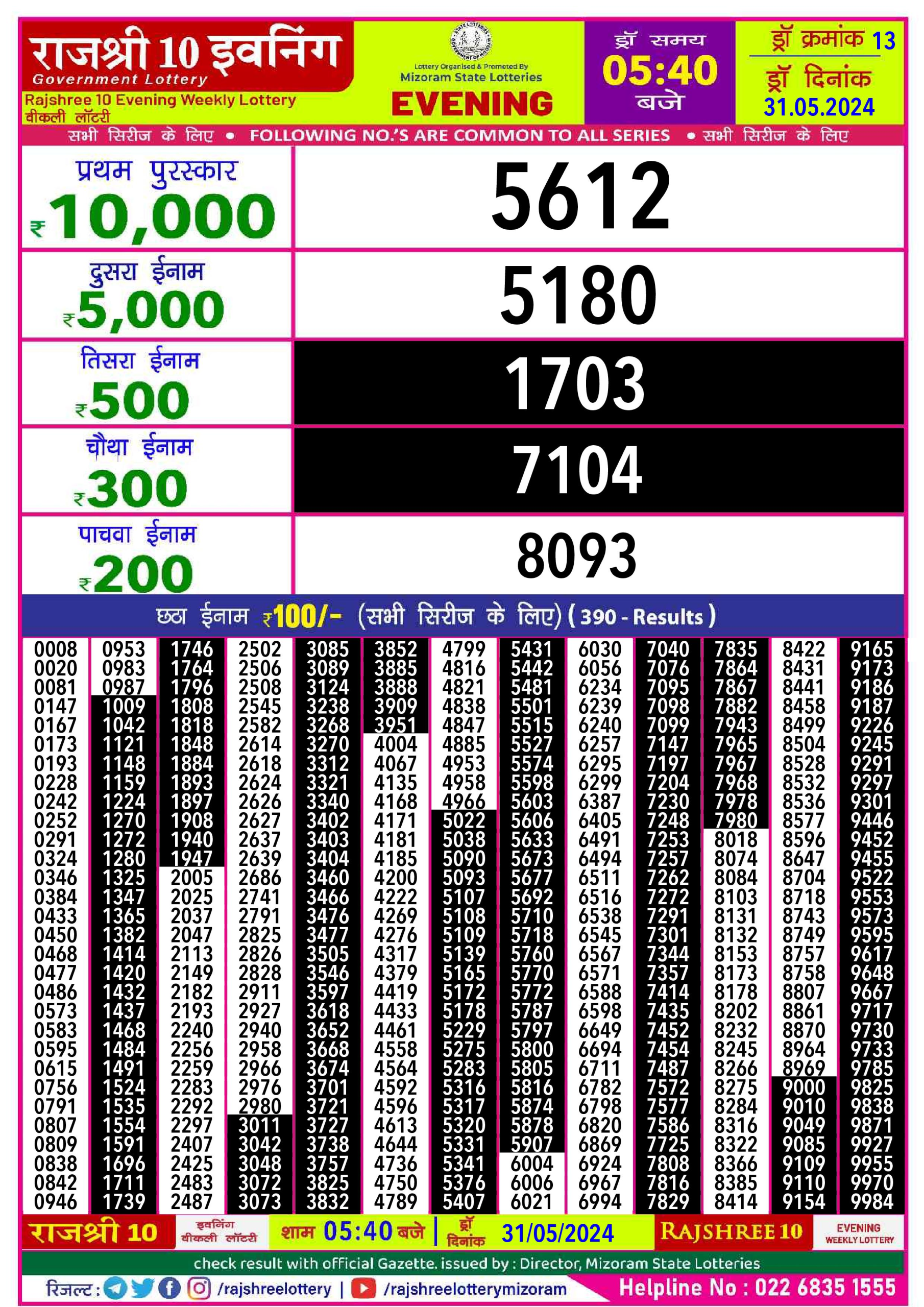 Rajshree10 Daily Lottery 5:40PM Result 31May24