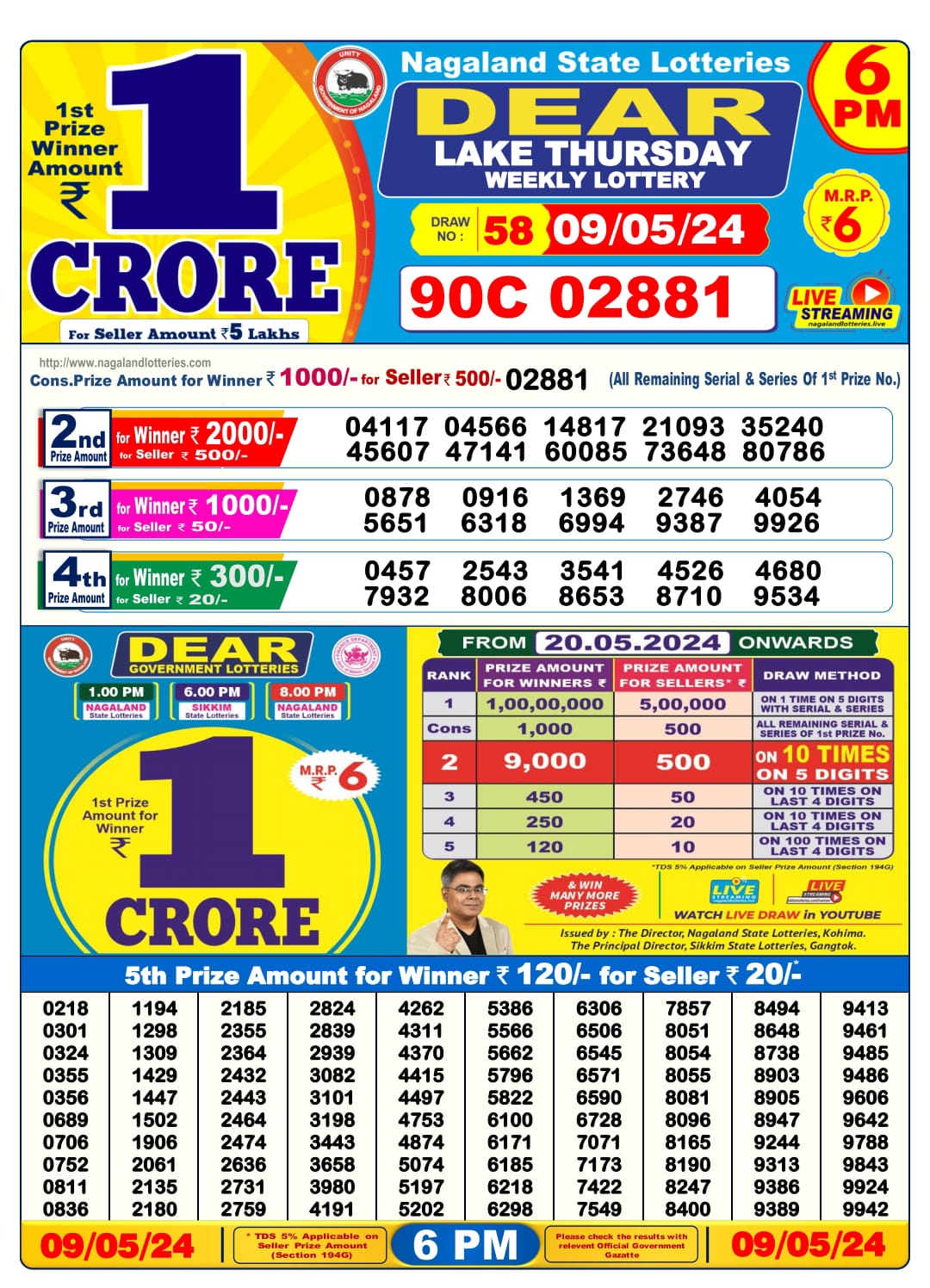 Dear lottery result 6pm result 9 May 24