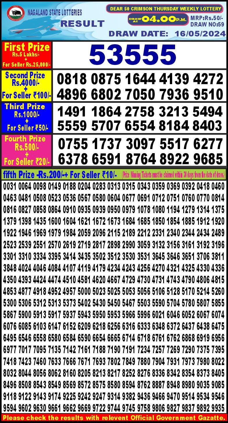 Dear 50 Thursday Weekly lottery draw 4 pm 16/05/2024