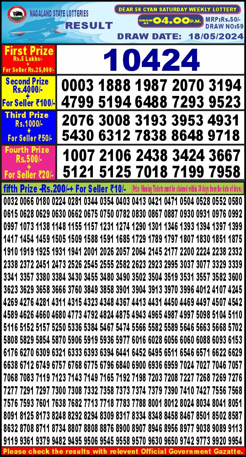 Dear 50 cyan Saturday Weekly lottery draw 4 pm 18/05/2024