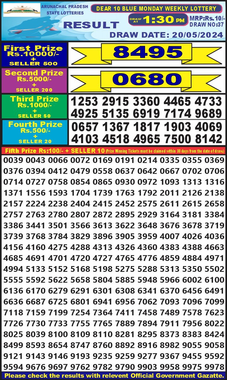 Dear 10  lottery 1:30pm result 20/5/24