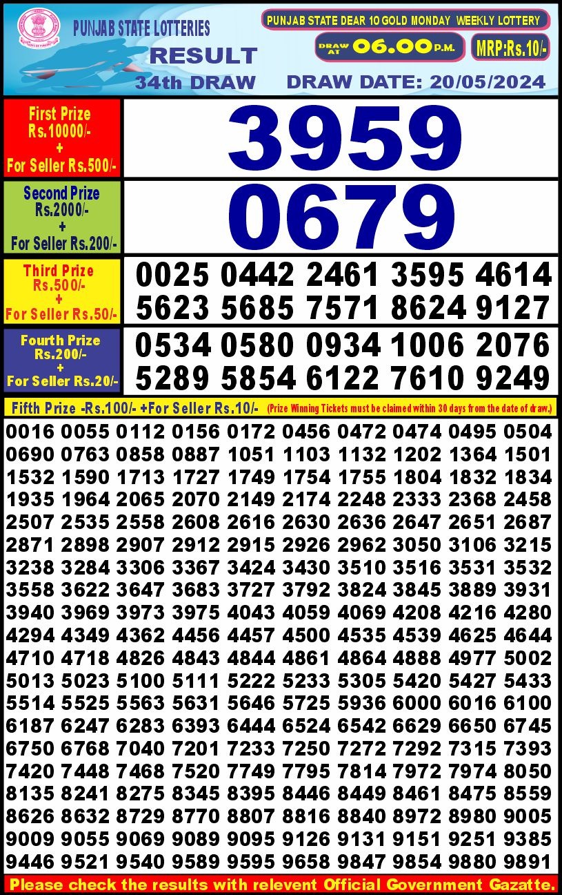 Punjab stateDear10 Lottery Result 6PM 20/05/24