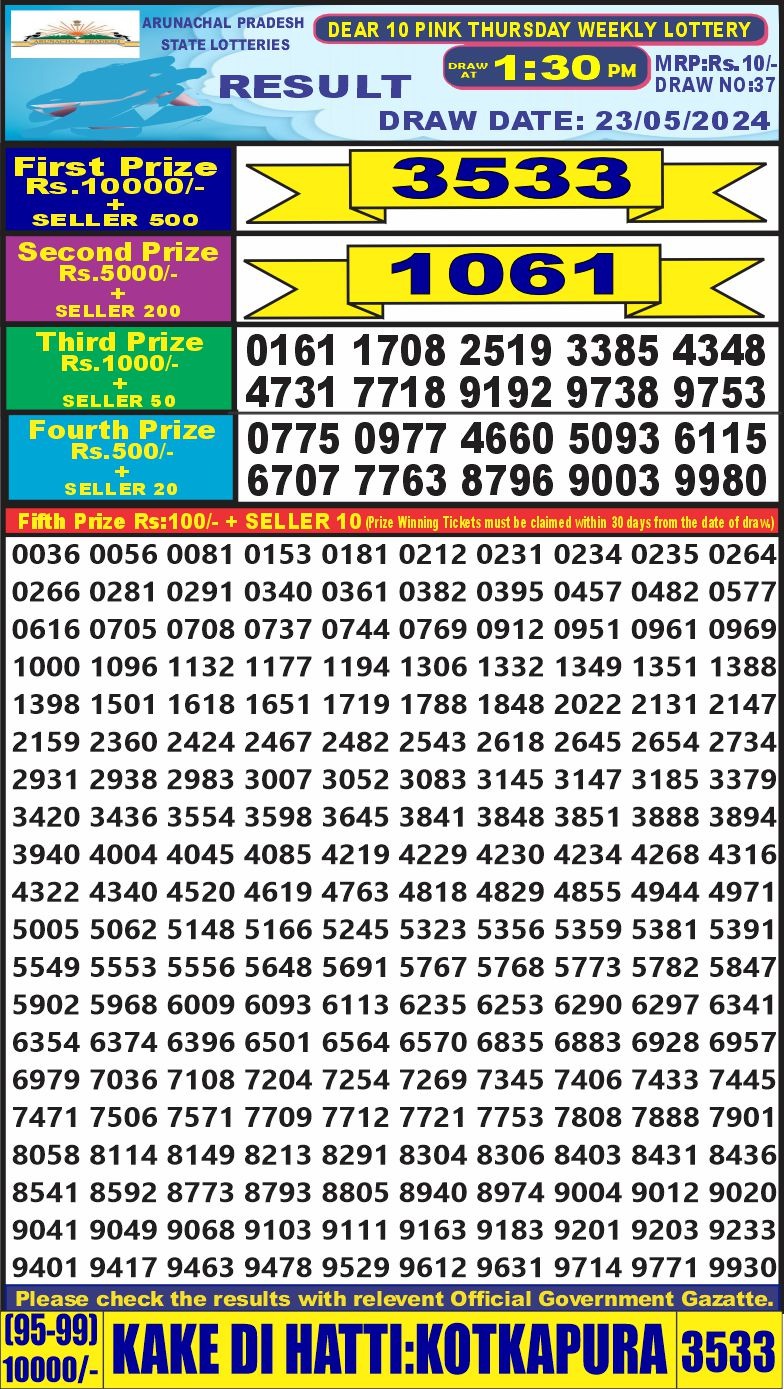 Dear 10  lottery 1:30pm result 23/5/24