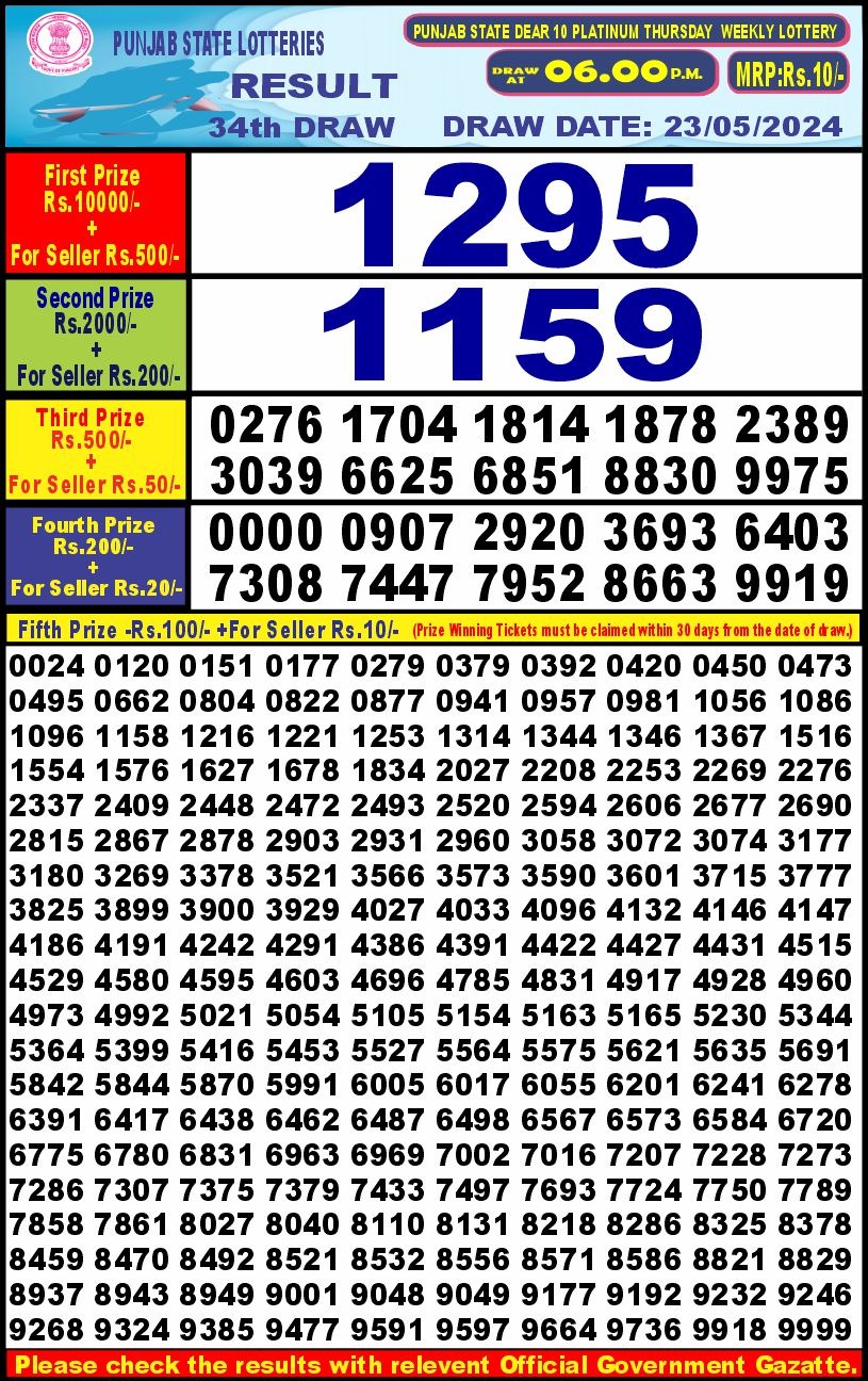 Punjab stateDear10 Lottery Result 6PM 23/05/24