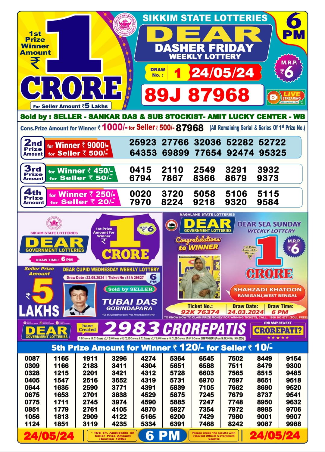 Dear lottery result 6pm result 24May 24