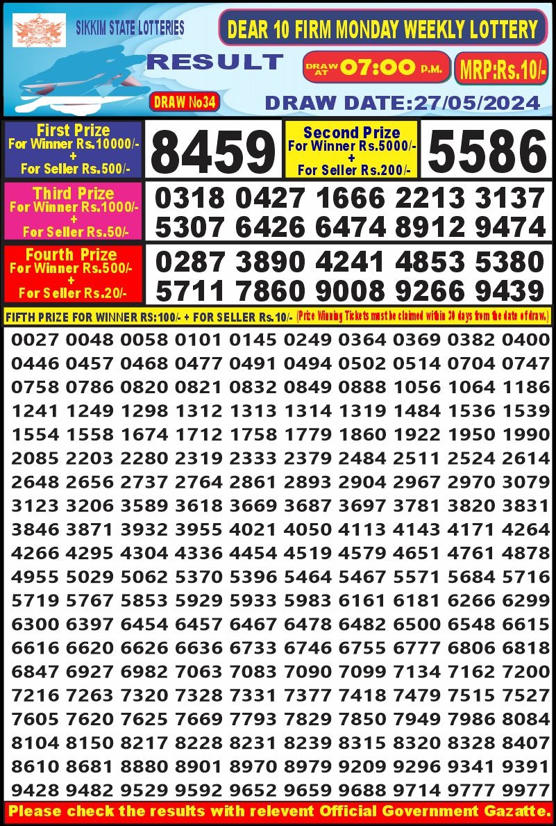 Dear10 Lottery Result 7PM 27/05/24