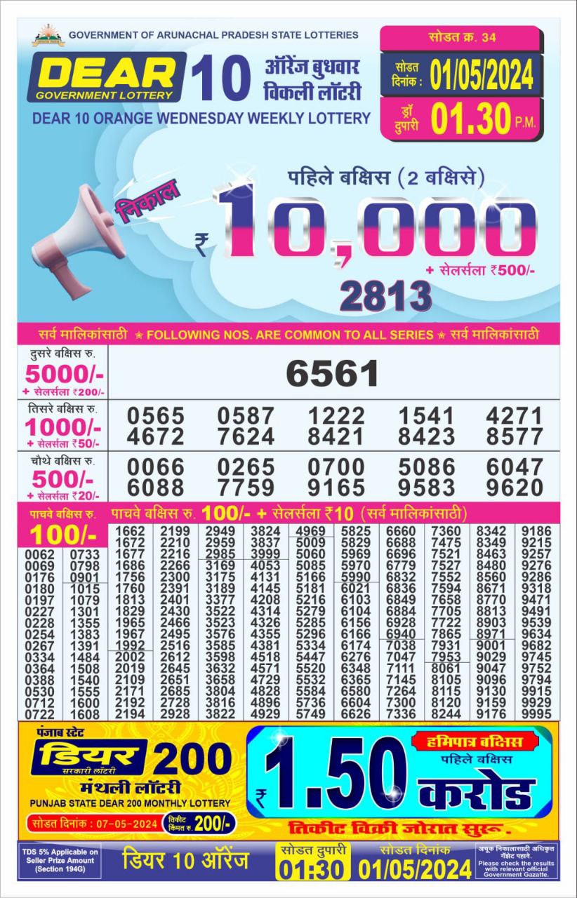 Dear10 Daily Lottery 1.30PM Result 1 May 24