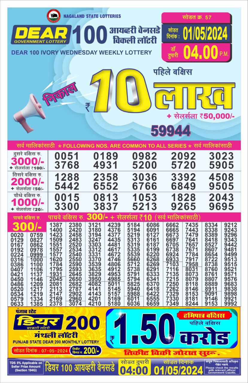 Dear 100 lottery 4pm result 1 May  2024