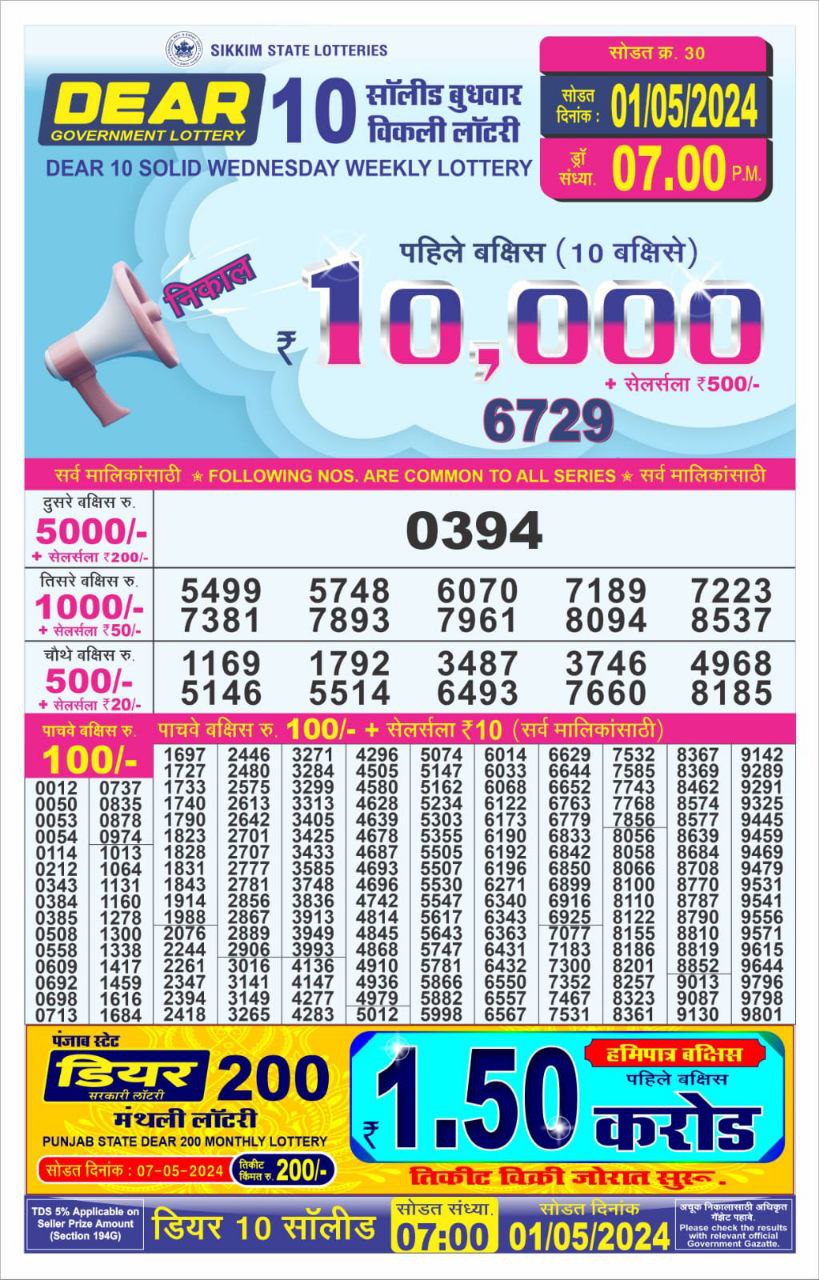 Dear10 Daily Lottery 7PM Result 1May24