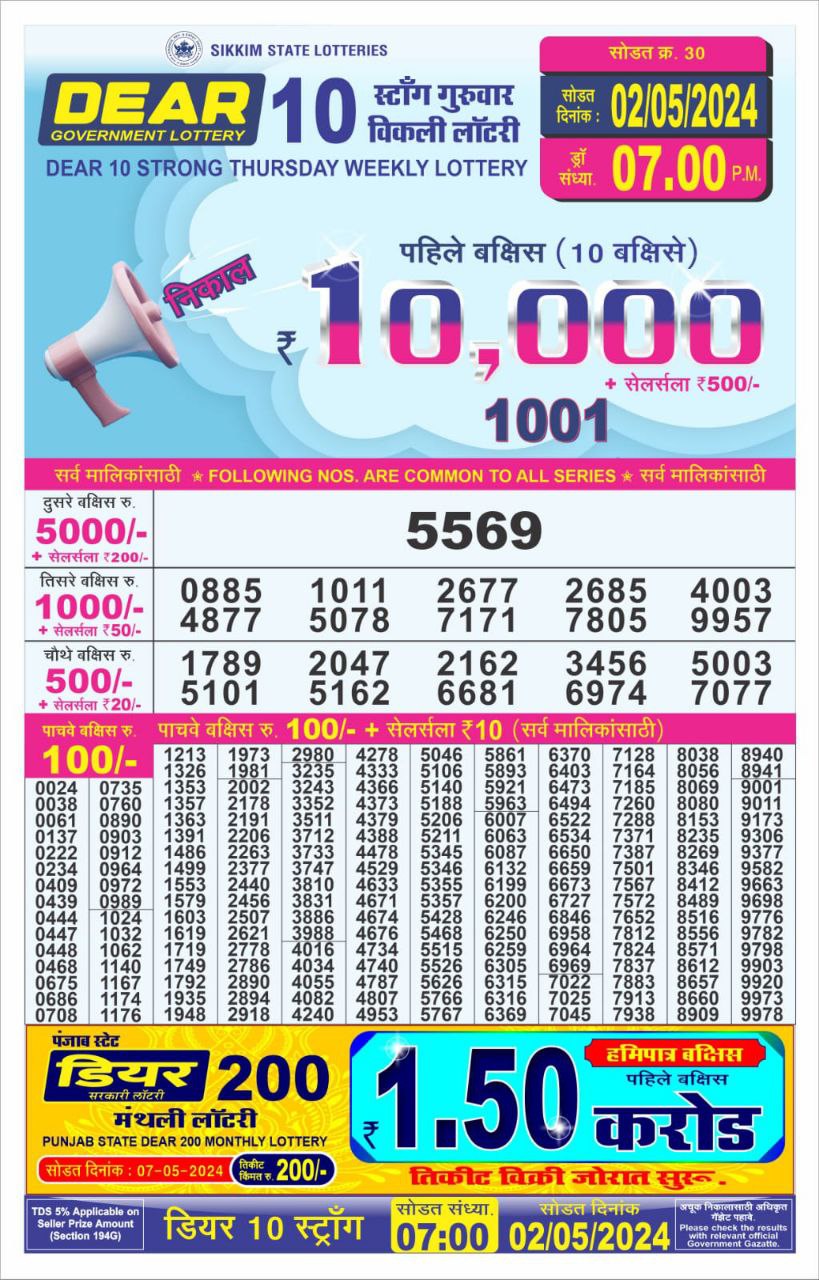 Dear10 Daily Lottery 7PM Result 2May24