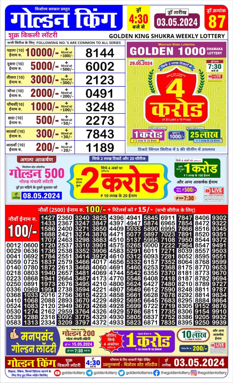 Golden king lottery 4.30pm 3-5-24