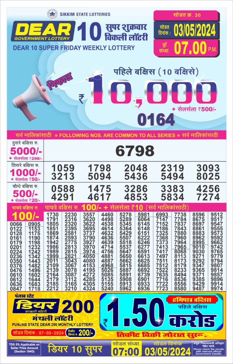 Dear10 Daily Lottery 7PM Result 3May24