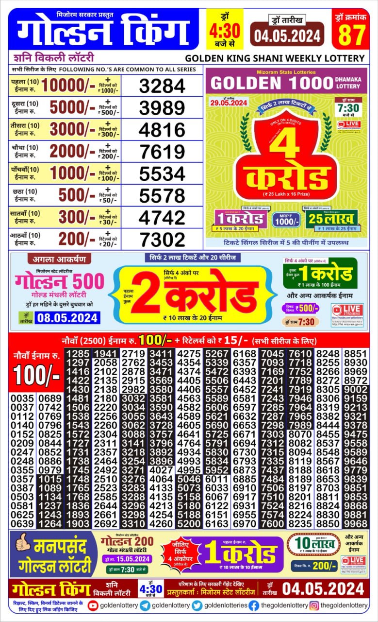 Golden king lottery 4.30pm 4-5-24