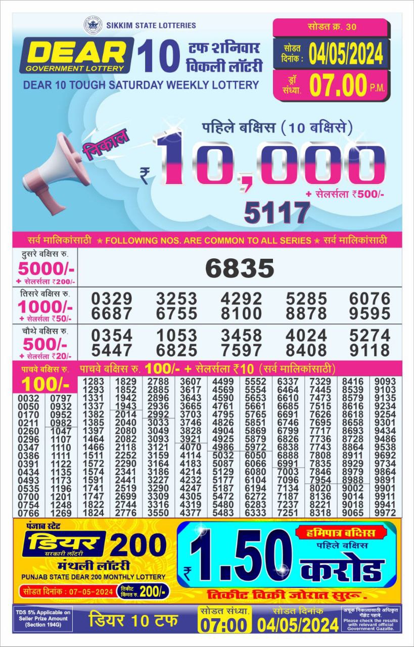 Dear10 Daily Lottery 7PM Result 4May24