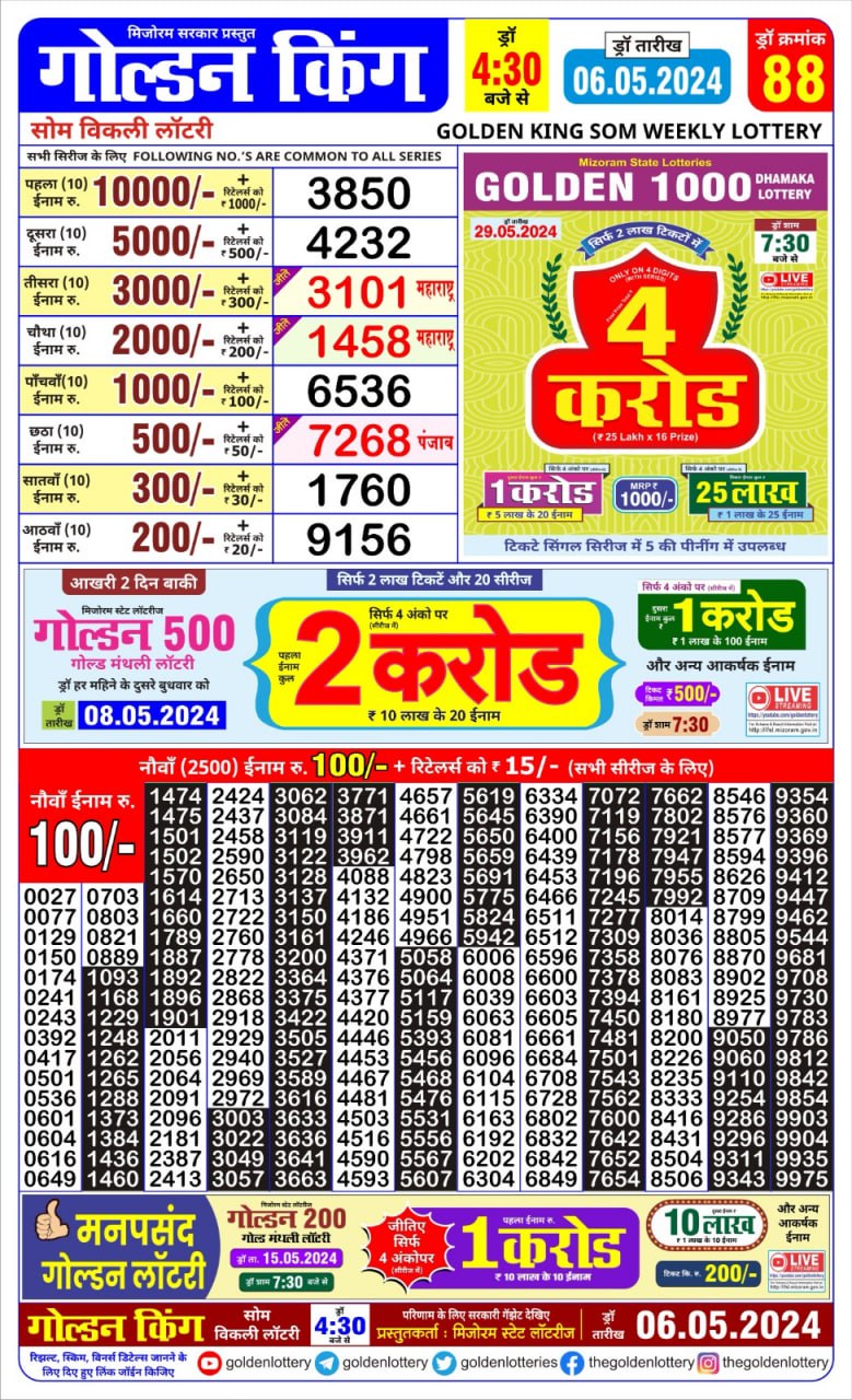 Golden king lottery 4.30pm 6-5-24