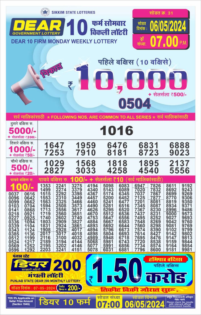 Dear10 Daily Lottery 7PM Result 6May24