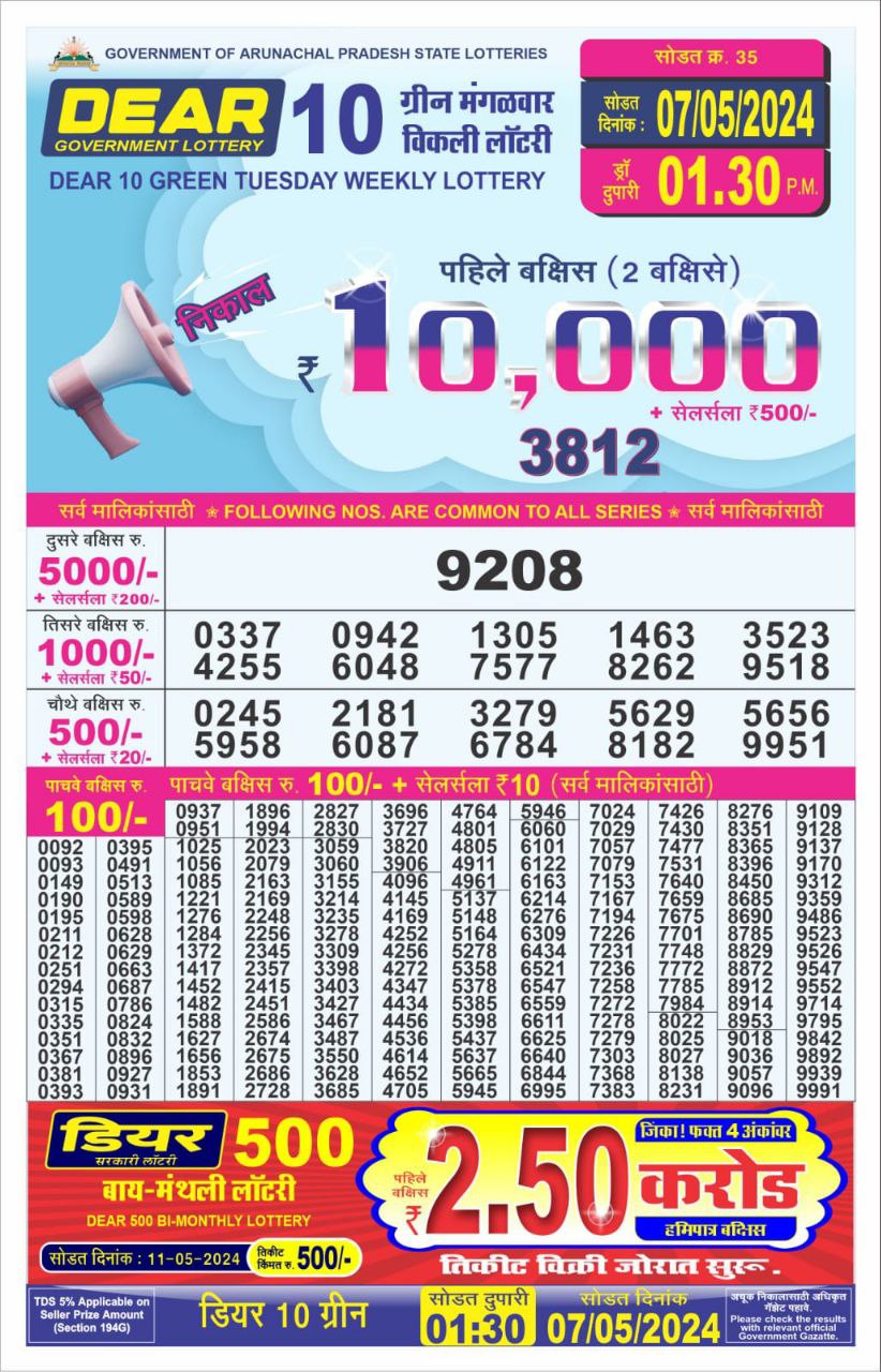 Dear10 Daily Lottery 1.30PM Result 7May 24