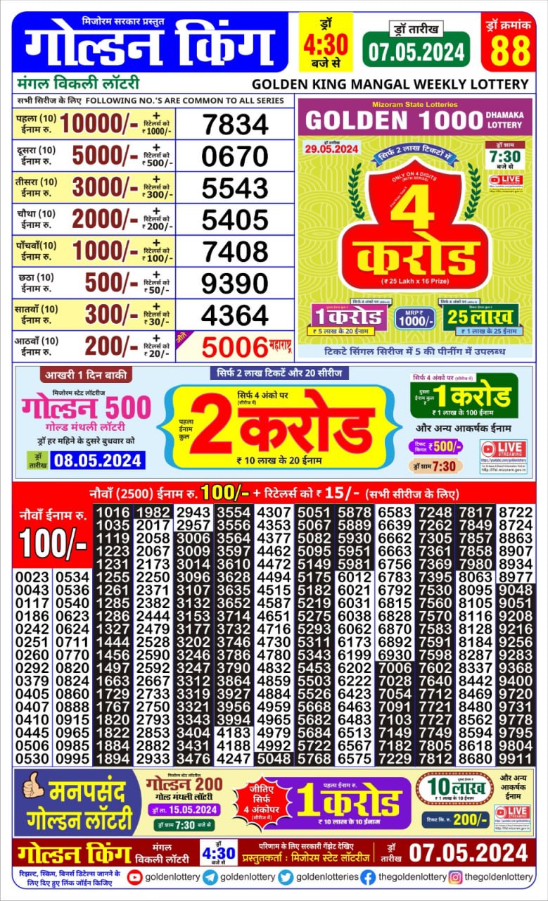 Golden king lottery 4.30pm 7-5-24