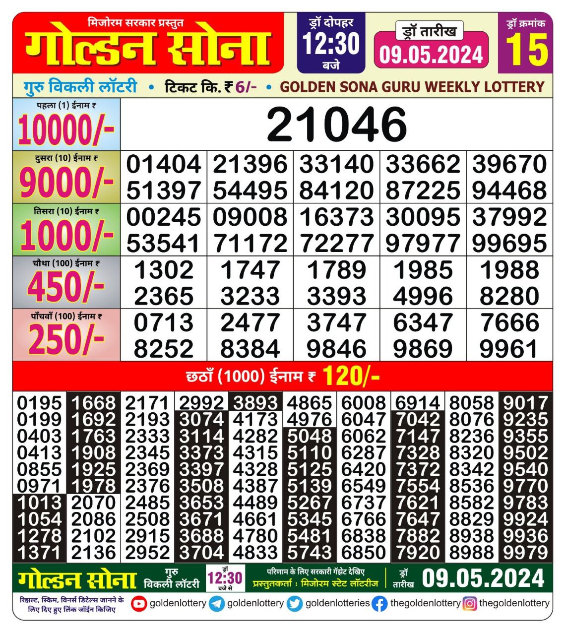 Golden sona 12:30pm lottery result 9/05/24