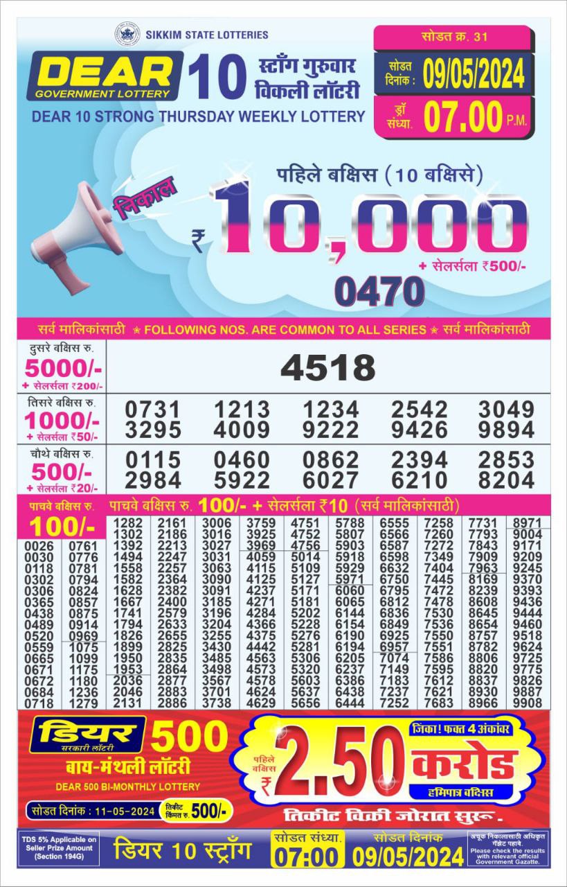 Dear10 Daily Lottery 7PM Result 9May24