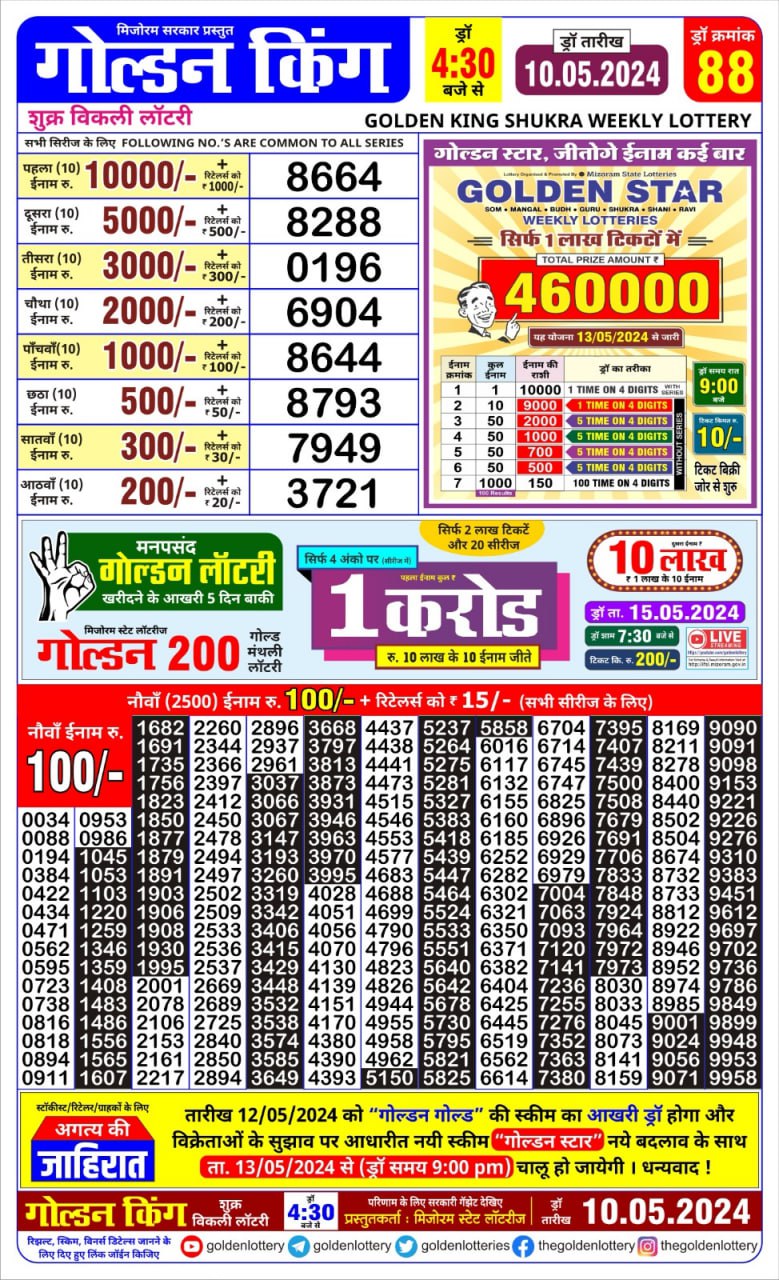 Golden king lottery 4.30pm 10-5-24