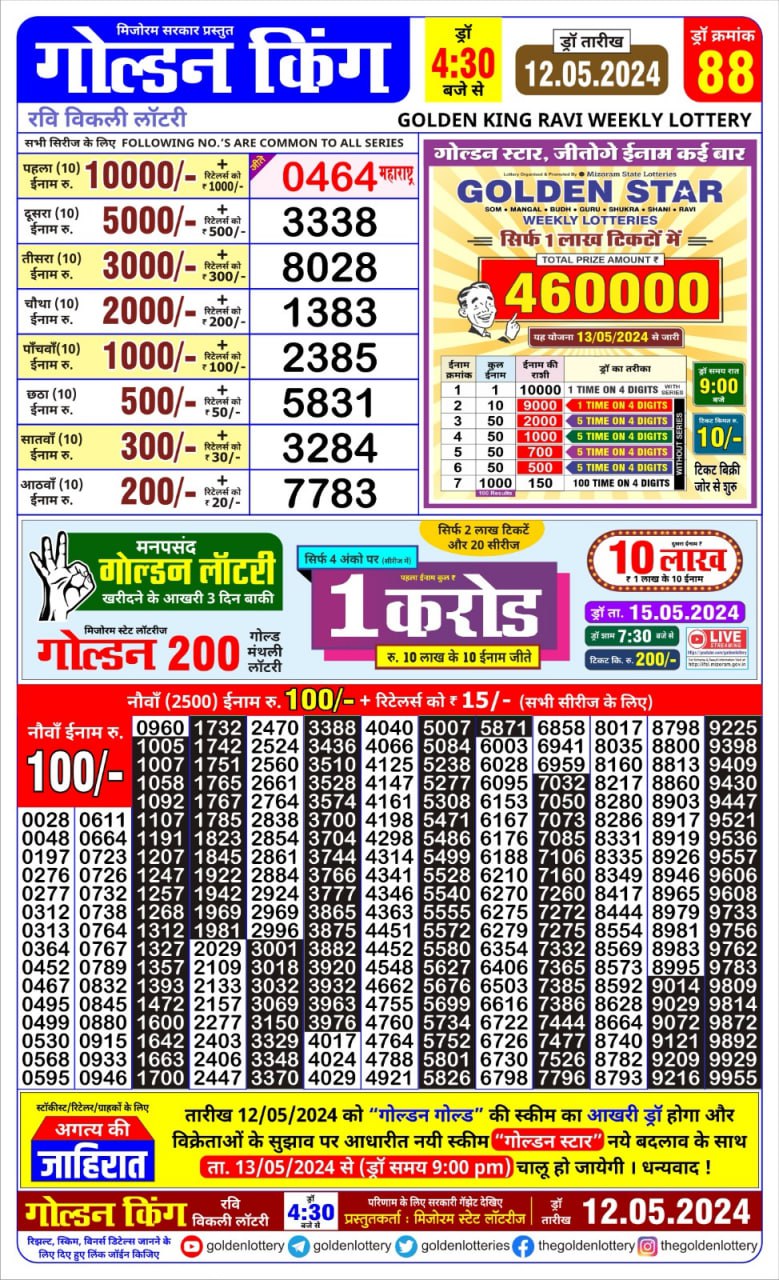 Golden king lottery 4.30pm 12-5-24