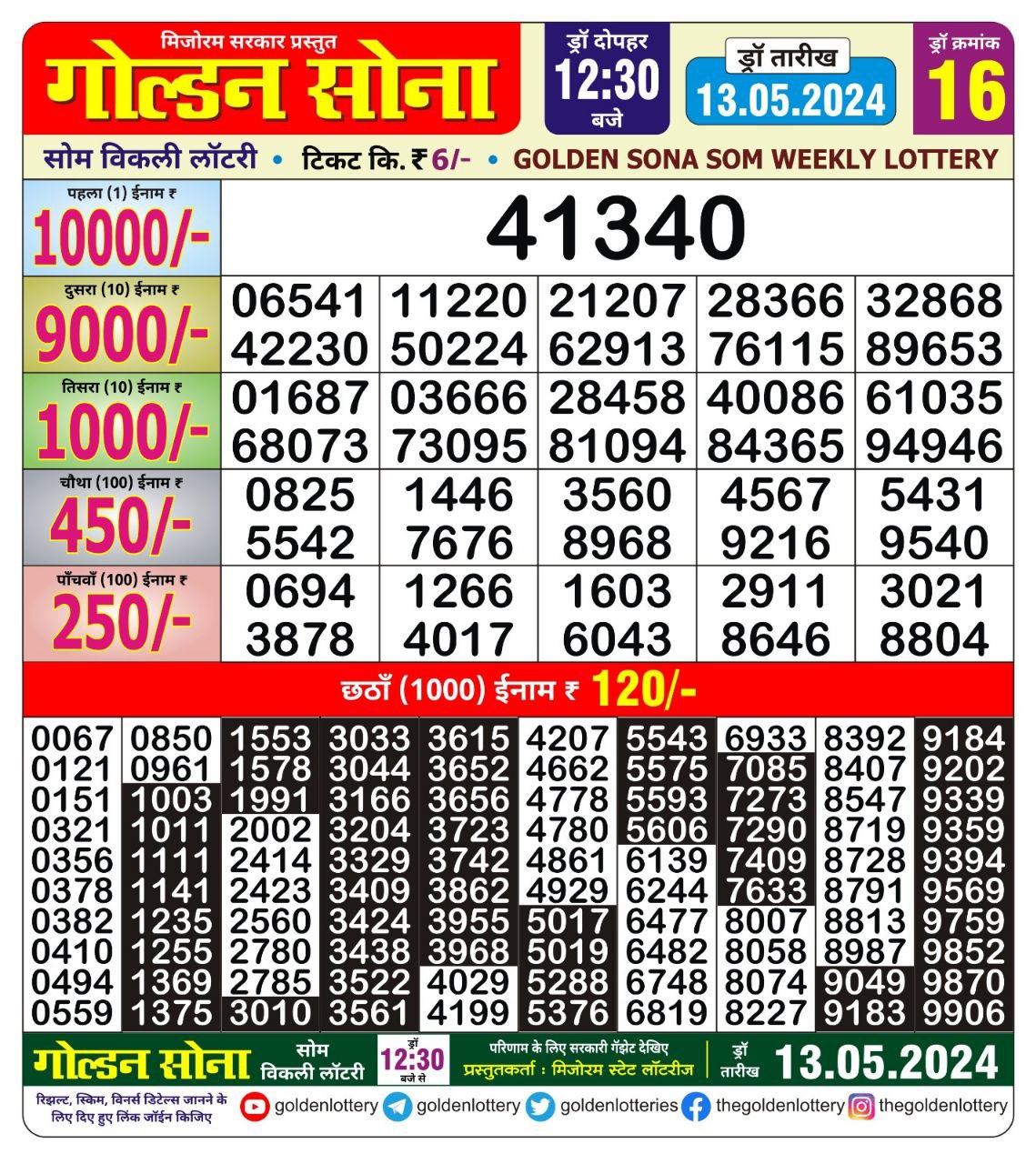 Golden sona 12:30pm lottery result 13/05/24