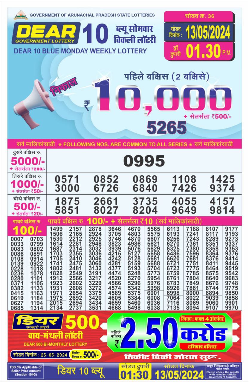 Dear10  Lottery Result 1.30PM 13/05/24