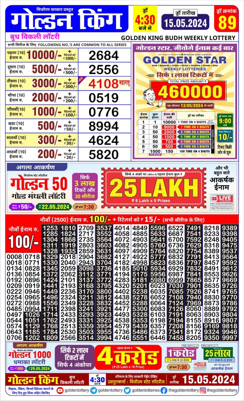 Golden king lottery 4.30pm 15-5-24