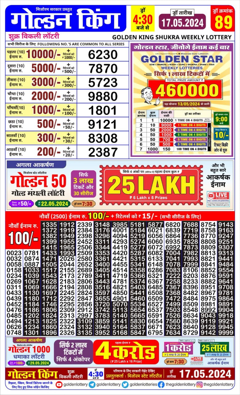 Golden king lottery 4.30pm 17-5-24