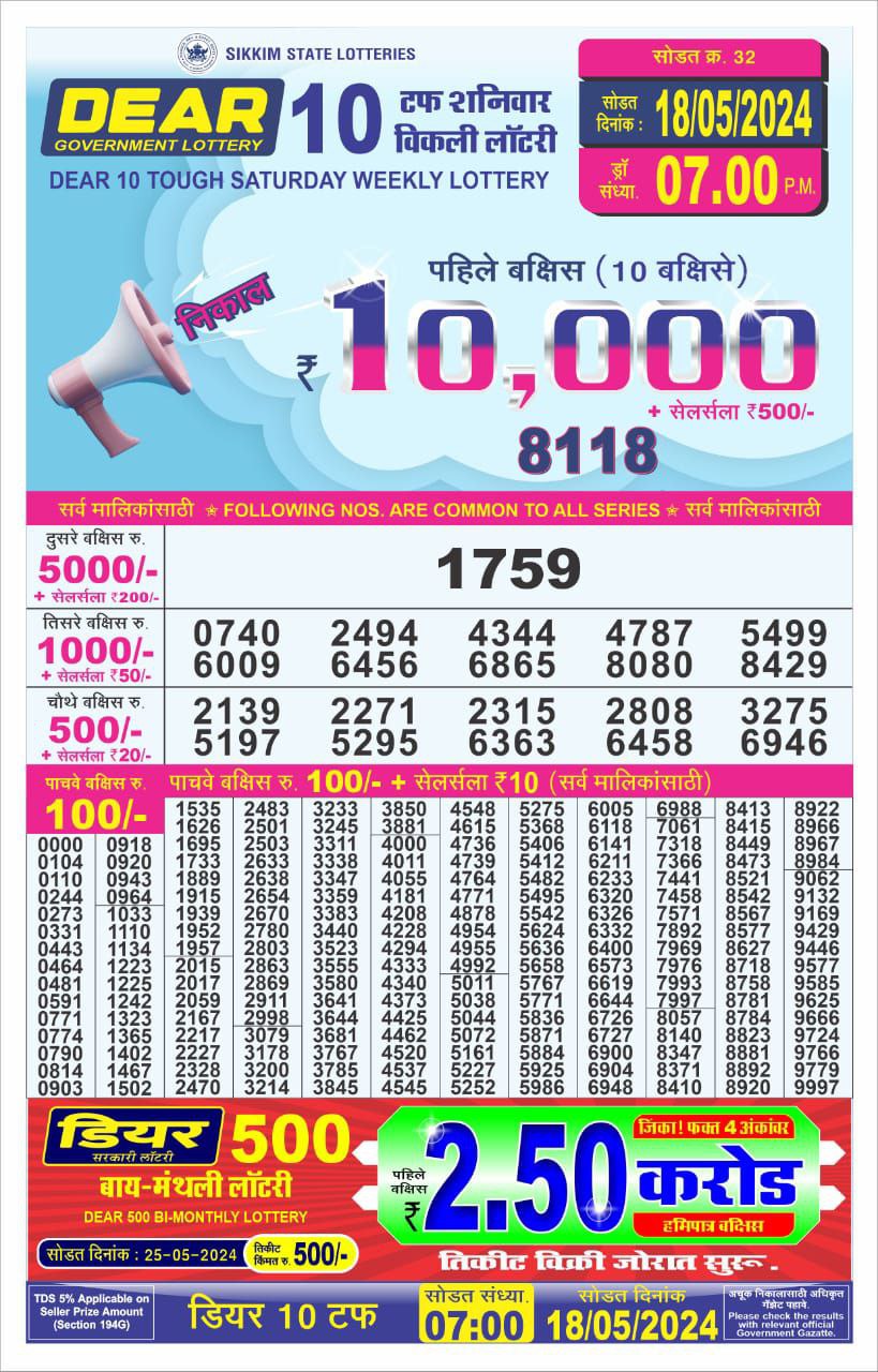 Dear10 Lottery Result 7PM 18/05/24