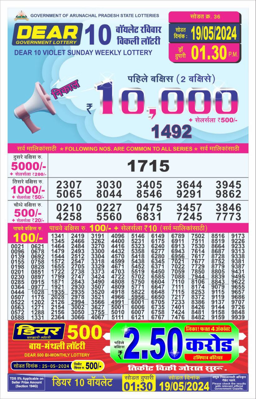 Dear 10  lottery 1:30pm result 19/5/24