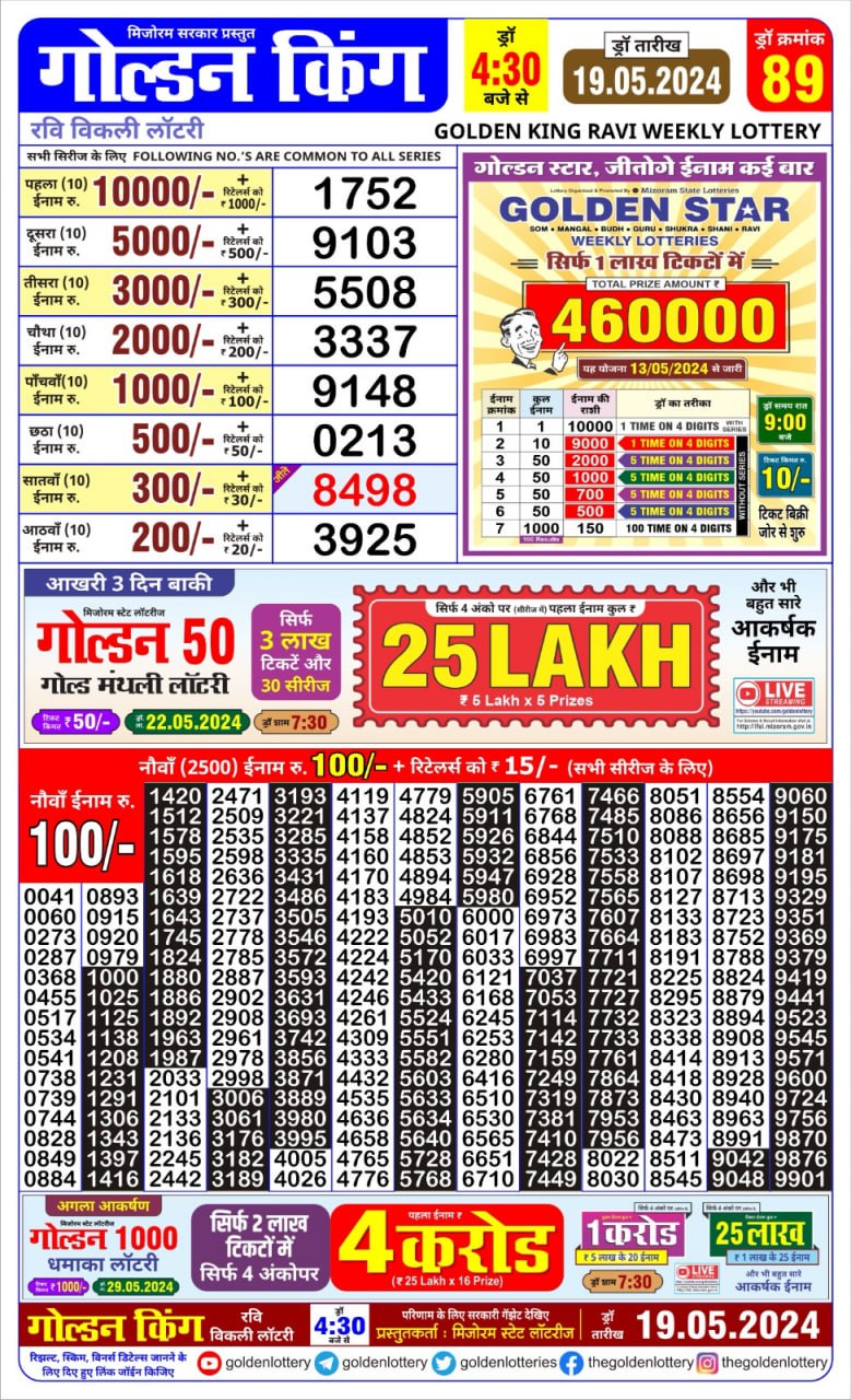 Golden king lottery 4.30pm 19-5-24